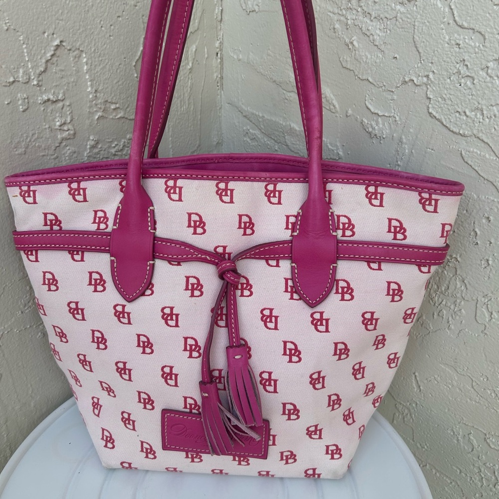 vintage Dooney & Bourke white and pink monogram canvas tote bag